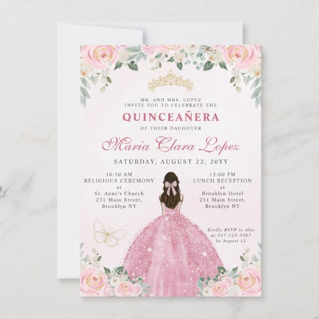 Budget  Rosa Guld Blommigt Princess Quinceañera Anteckningskort (Framsida)
