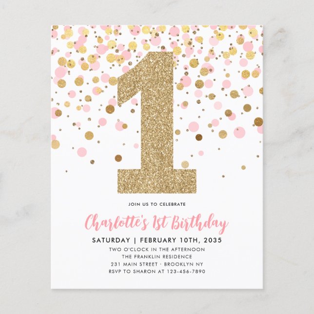 Budget  Rosa Guld Confetti Girl 1 födelsedag (Framsida)