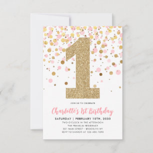 Budget Rosa Guld Confetti Girl 1 födelsedag Anteckningskort