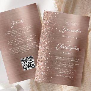Budget Rosa Guld Glam QR-kod Bröllopsinbjudan