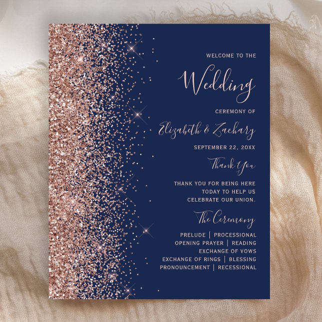 Budget Rosa Guld Glitter Marinblå Bröllopsprogram (Skapare uppladdad)