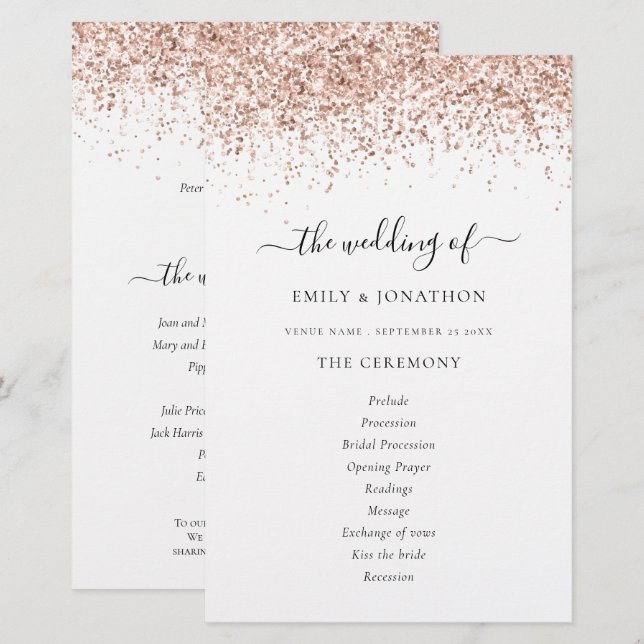 Budget Rosa Guld Glitter Skrift Bröllopsprogram (Fram/baksida)