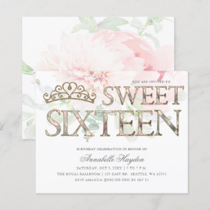 Budget Rosa Guld Tiara Blommigt Sweet 16 inbjudnin