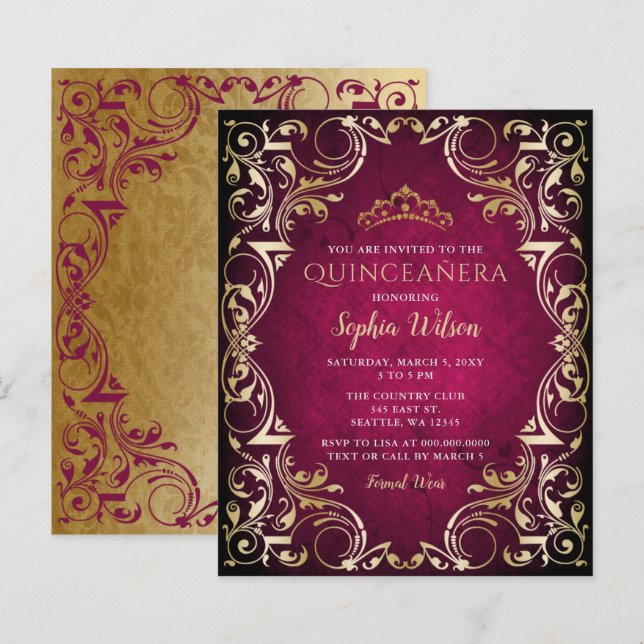 Budget Rosa Guld Tiara Quinceañera-inbjudan (Fram/baksida)