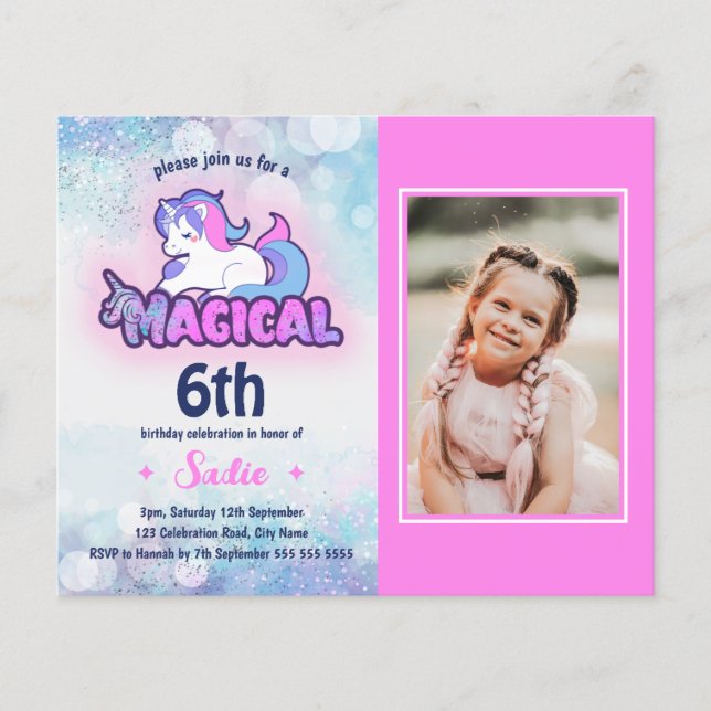 Budget Rosa Lila Unicorn Photo Birthday Inbjudan (Framsida)