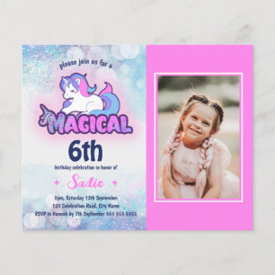 Budget Rosa Lila Unicorn Photo Birthday Inbjudan