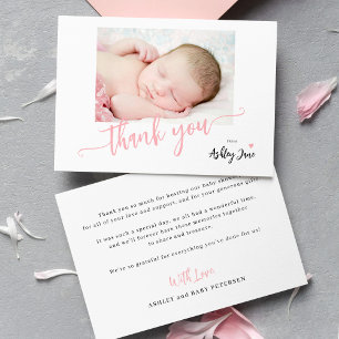 Budget rosa manus skript foto baby shower tack anteckningskort