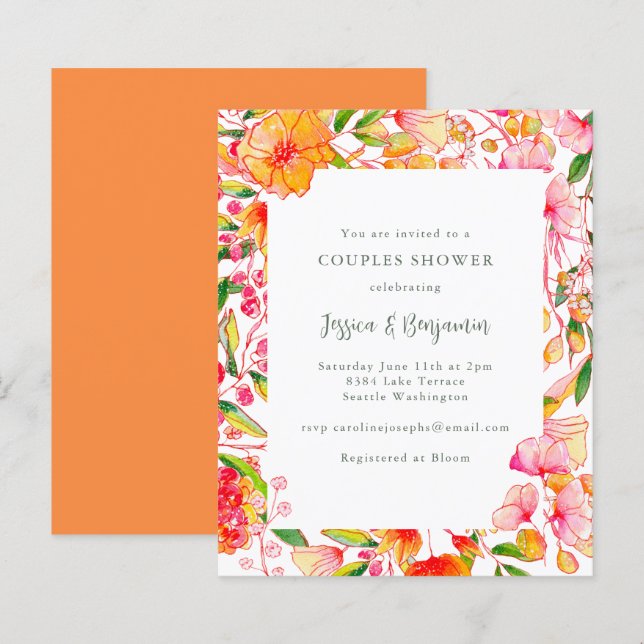 Budget rosa orange blomster par badkar inbjudan (Fram/baksida)