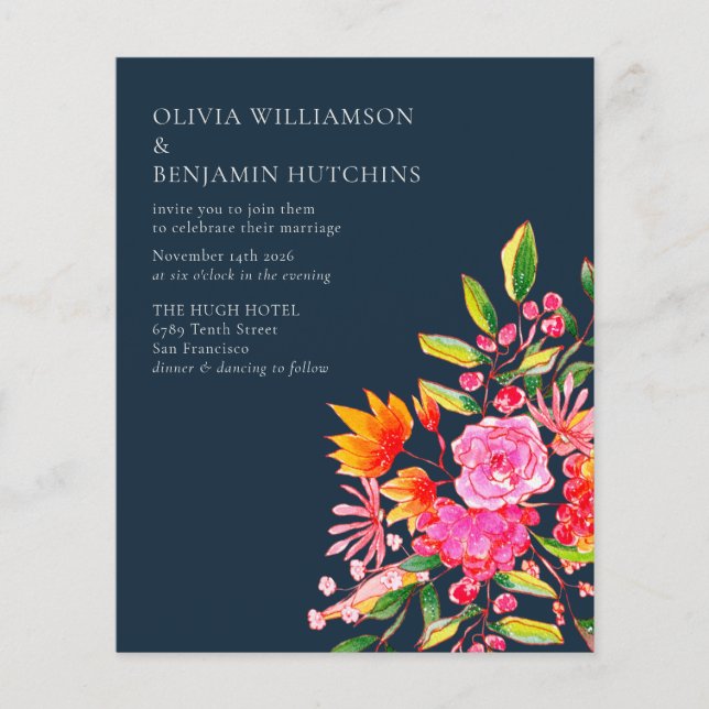 Budget Rosa Orange Navy Watercolor Flowers Bröllop (Framsida)