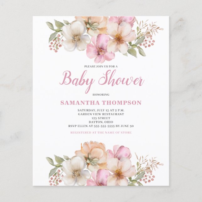 Budget Rosa Peach Blommigt Baby Shower-inbjudan Flygblad (Framsidan)