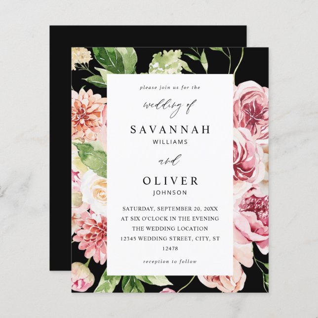 Budget Rosa & Peach Blommigt & Greenery Bröllop Bl (Fram/baksida)