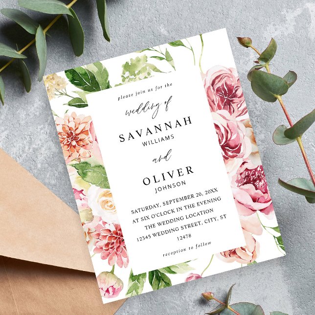 Budget Rosa & Peach Blommigt & Greenery Bröllop Flygblad (Skapare uppladdad)