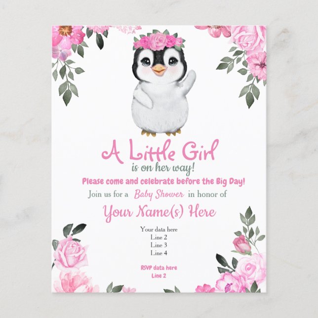 Budget Rosa Penguin Blommigt Baby Shower Flyer (Framsidan)