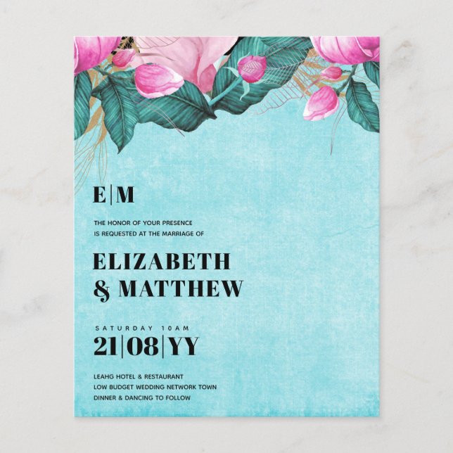 Budget Rosa Peonies Bröllop allt-i-1 Flygblad (Framsidan)