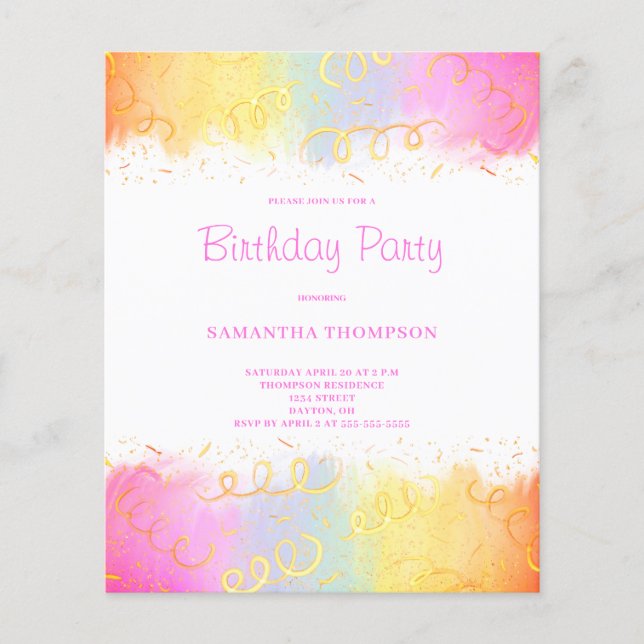 Budget Rosa Rainbow Confetti Birthday-inbjudan Flygblad (Framsidan)