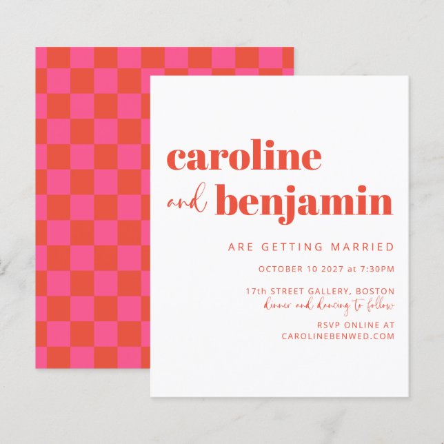 Budget Rosa Red Simple Checkerboard Brölloksinbjud (Fram/baksida)