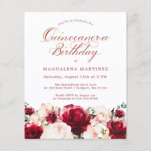 Budget Rosa Röd Blommig Quinceanera-inbjudan