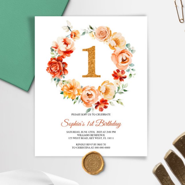 Budget Rosa & Röd Krans 1-års Födelsedagsinbjudan (Skapare uppladdad)