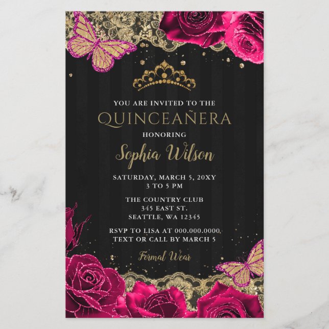 Budget Rosa ros Black Quinceañera-inbjudan (Framsida)