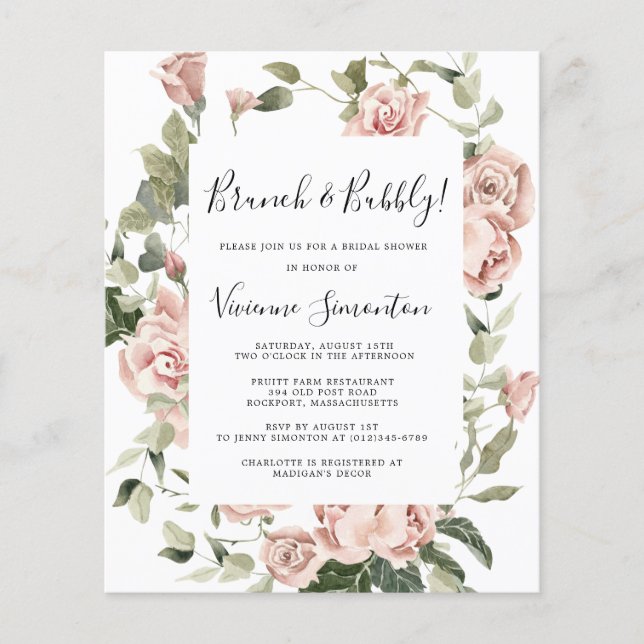 Budget Rosa Ros Blommig Brunch Bubbly Inbjudan Flygblad (Framsidan)