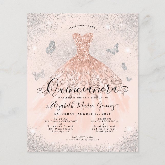 Budget Rosa ros Guld Glam Gown Quinceanera Inbjuda (Framsida)