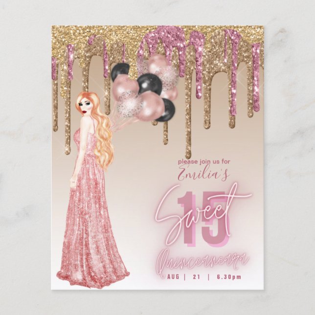 BUDGET Rosa Rosa Guld Glitter Quinceanera Rött Hår Flygblad (Framsidan)