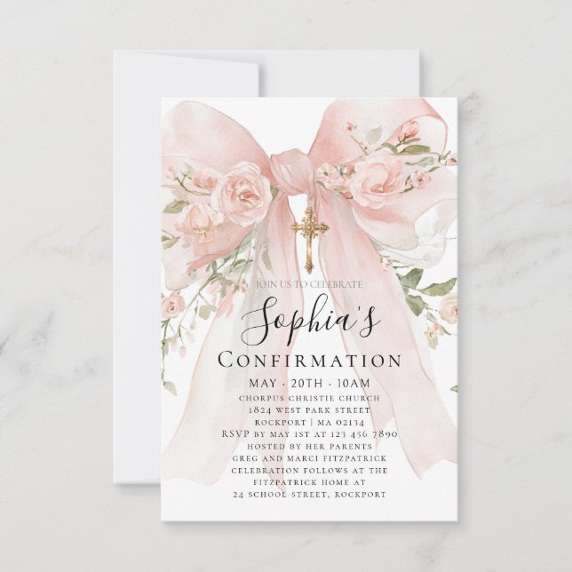 BUDGET Rosa rosett Ros Blommig flicka konfirmation Inbjudningar (Framsida)