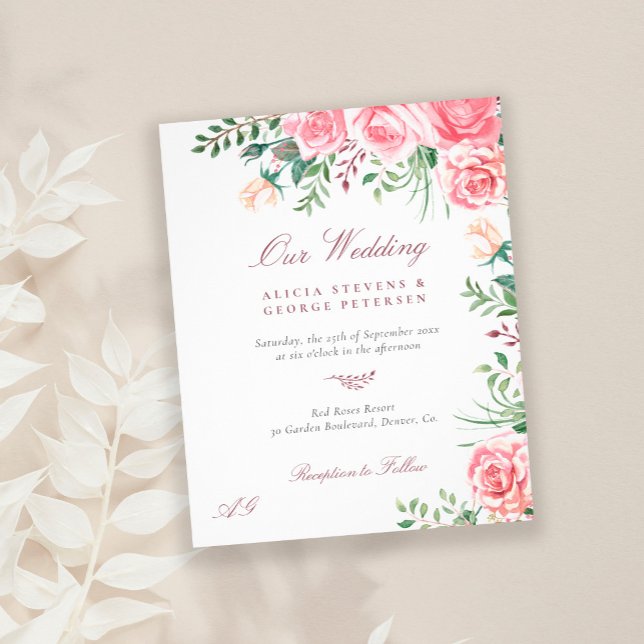 Budget rosa rosor elegant bröllopsinbjudan flygblad (Skapare uppladdad)