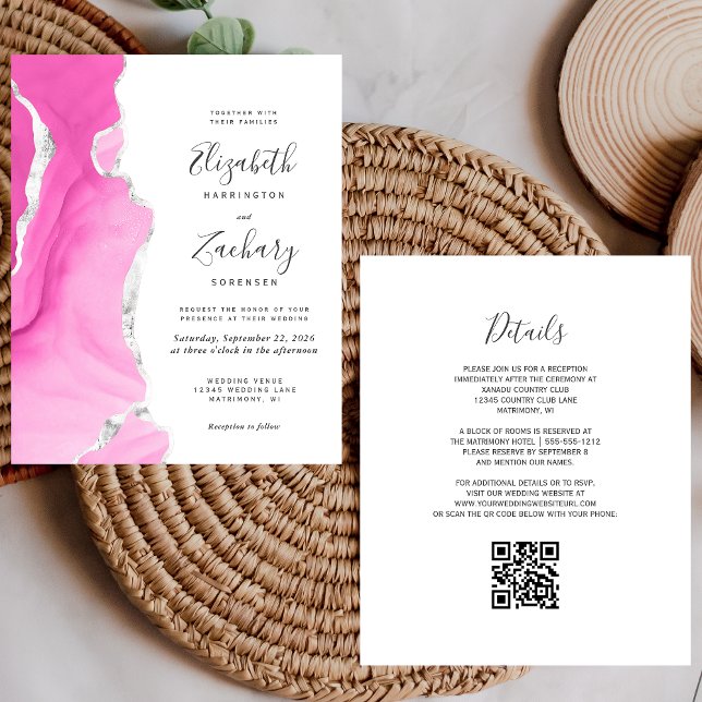 Budget Rosa Silver Agate QR Code Wedding bjudande  (Skapare uppladdad)