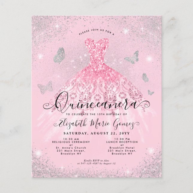 Budget  Rosa Silver Gown Quinceanera Inbjudan (Framsida)