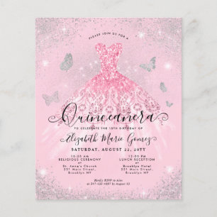 Budget Rosa Silver Gown Quinceanera Inbjudan