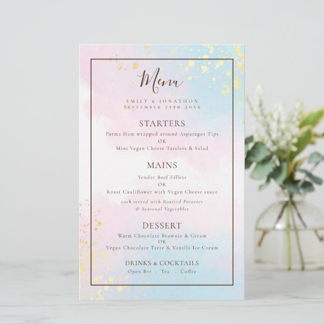 Budget Rosa Teal Watercolor Bröllop Menu (Stående Fram)