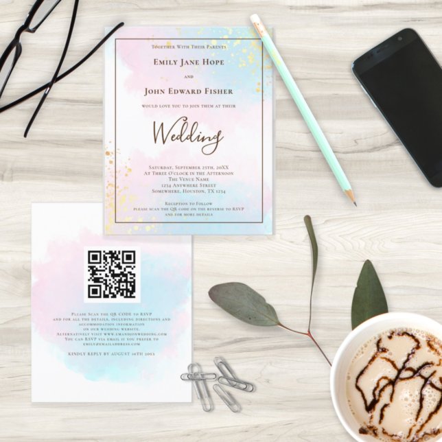 Budget Rosa Teal Watercolor QR Code Wedding bjudan (Skapare uppladdad)