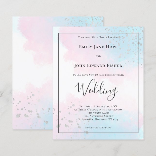 Budget Rosa Teal Watercolor Silver bröllopsinbjuda (Fram/baksida)