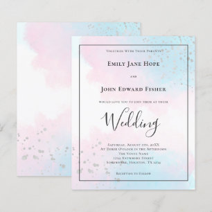 Budget Rosa Teal Watercolor Silver bröllopsinbjuda