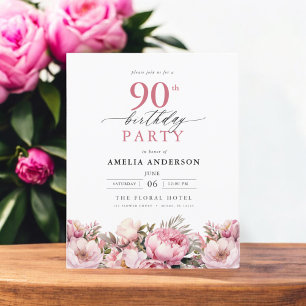 Budget Rosa Trädgårdsblommig 90-årsfirande Inbjuda