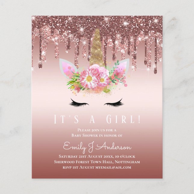 BUDGET Rosa Unicorn Baby Shower Glitter (Framsida)