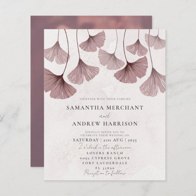Budget Rosa Vattenfärg Ginkgo Bröllopsinbjudan (Fram/baksida)