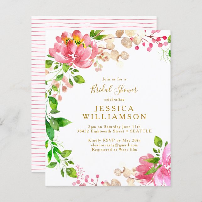 Budget Rosa Watercolor Blommigt Möhippa Inbjudan (Fram/baksida)