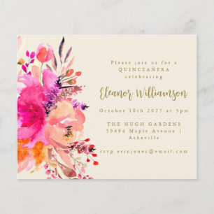Budget Rosa Watercolor Blommigt QUINCEAÑERA Inbjud