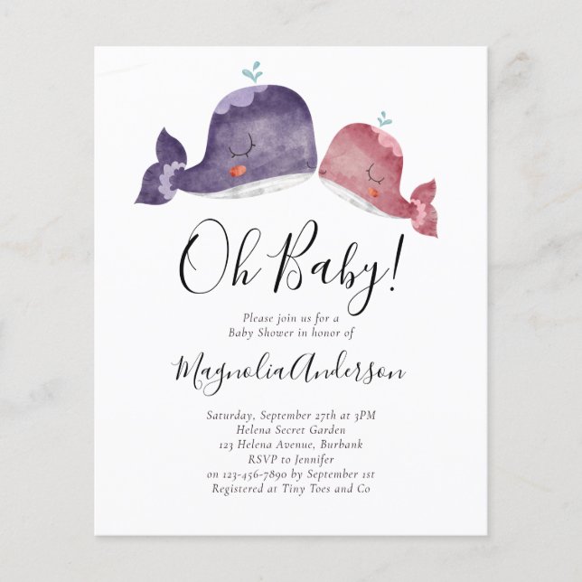 BUDGET Rosa Whale Baby Shower-inbjudan (Framsida)