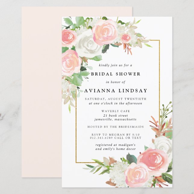 Budget Rosa White Blommigt Inbjudningskort för möh (Fram/baksida)