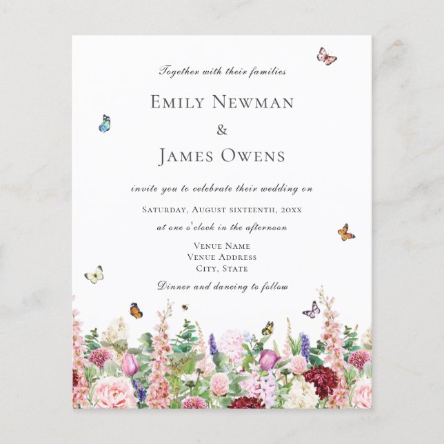 Budget Rosa Wildblommor & Butterflies Bröllop (Framsida)