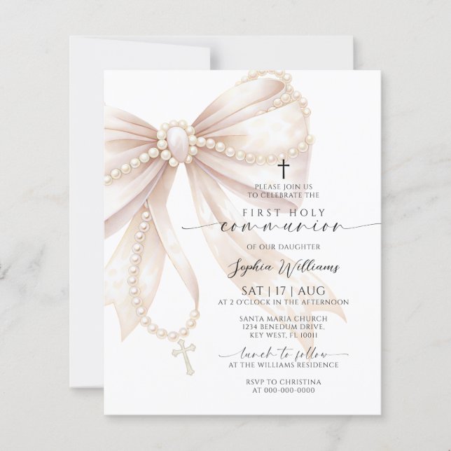Budget Rosary Bow First Holy Communion Invitation (Framsida)