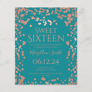 Budget Rose Gold Folie Konfetti Sweet 16 Teal Flygblad