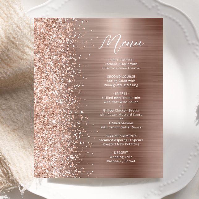 Budget Rose Gold Glam Glitter Script Bröllopsmeny (Skapare uppladdad)