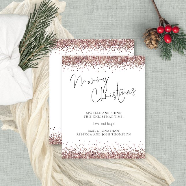 Budget Rose Gold Glitter God Jul-kort (Budget price smaller 4.5 x 5.6" alternative, front and back view)