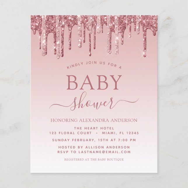Budget Rose Gold Rosa Glitter Babyshower Flygblad (Framsidan)