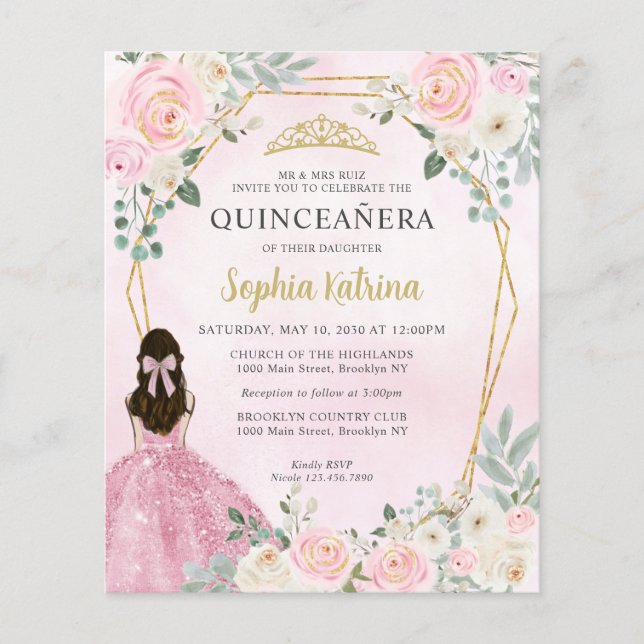 Budget Rosé Guld Blommig Prinsessa Quinceañera (Framsida)