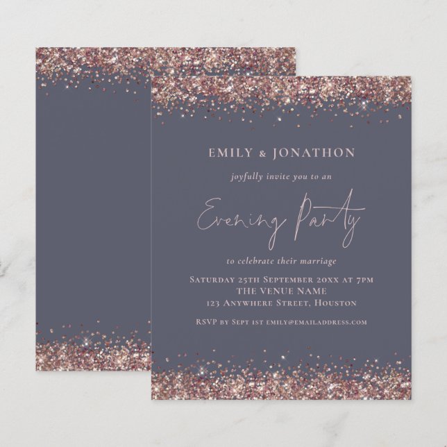 BUDGET Rose Guld Glitter Grå Kvällsinbjudan (Fram/baksida)